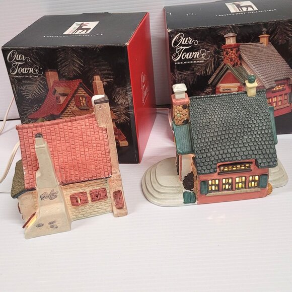 Santa's Best Our Town Porcelain First Edition Set 2 Lighted 1993 Village Houses - Picture 6 of 6